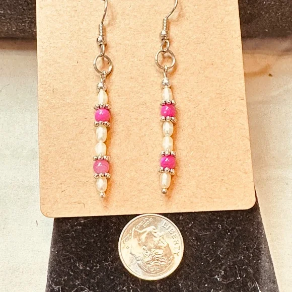 Stainless Steel Dangle Earrings Freshwater Pearls & Crackle Quartz Hand Made - Picture 7 of 11